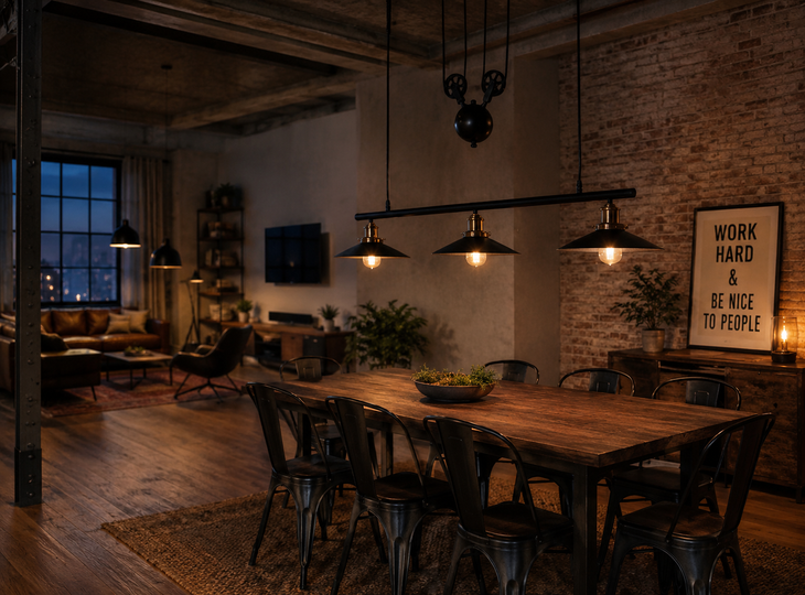 Salón de un loft de estilo industrial con iluminación cálida