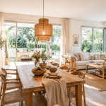 Lookbook natural: casas que transmitem tranquilidade Salón de estilo natural con una lámpara colgante de fibras naturales