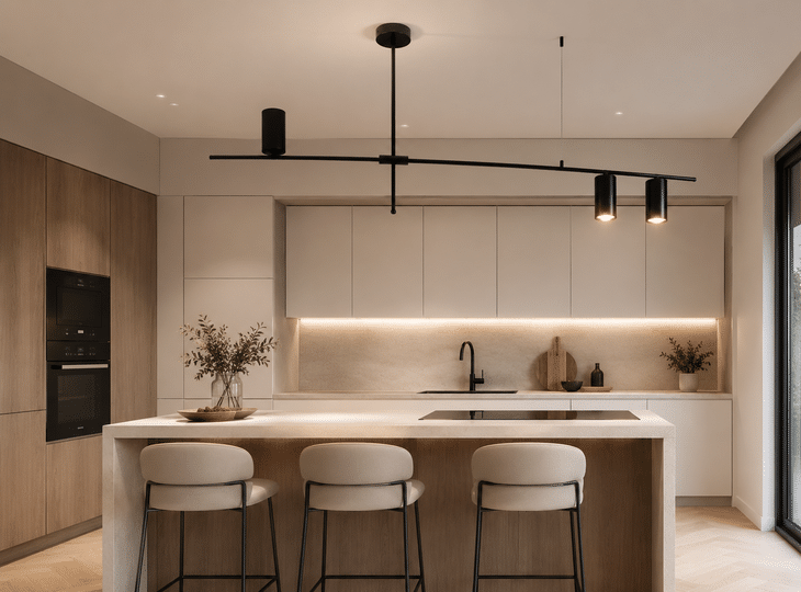 Cocina con lámparas de estilo moderno