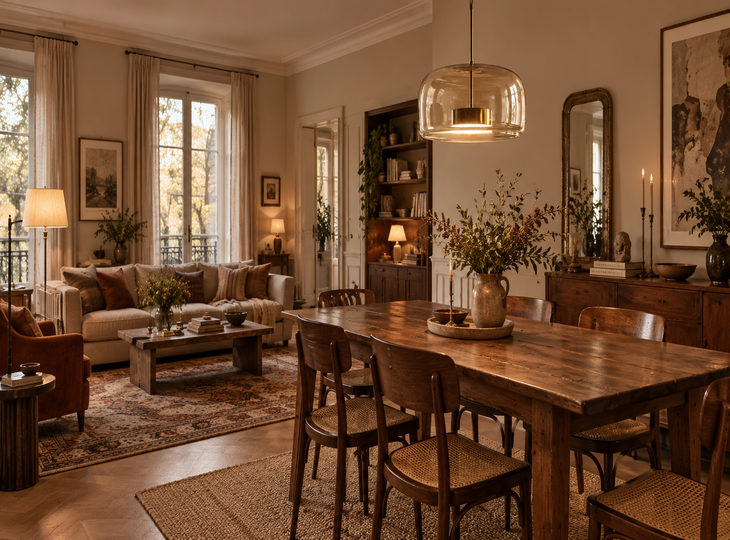 Salón de estilo vintage con muebles de madera y una lámpara colgante sobre la mesa
