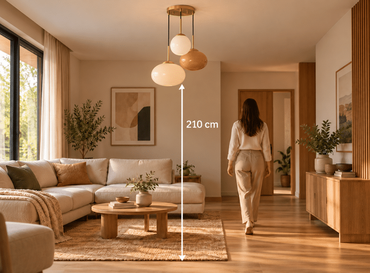 Candeeiro suspenso colocado na sala a uma altura de 210 cm do chão