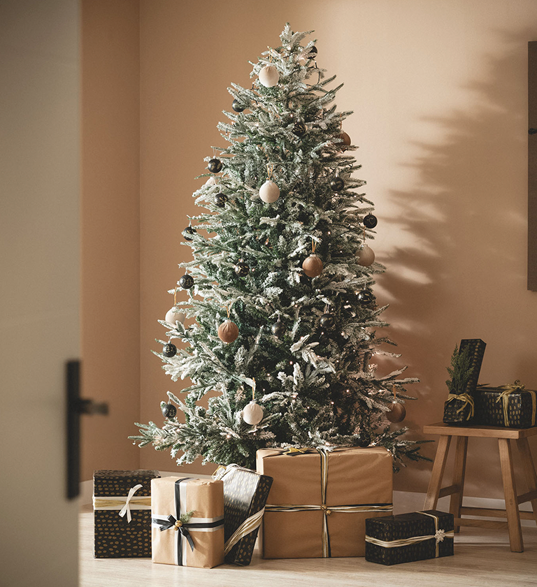 Fotografia de uma árvore de Natal complementada com iluminação LED.