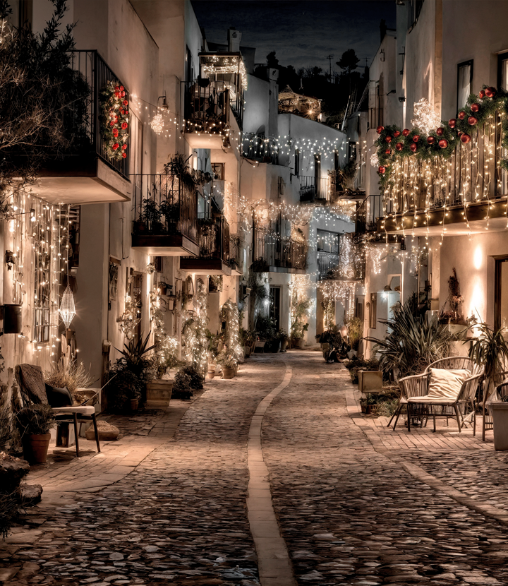 Fotografía de un balcón exterior decorado con productos LED para navidad de efectoLED